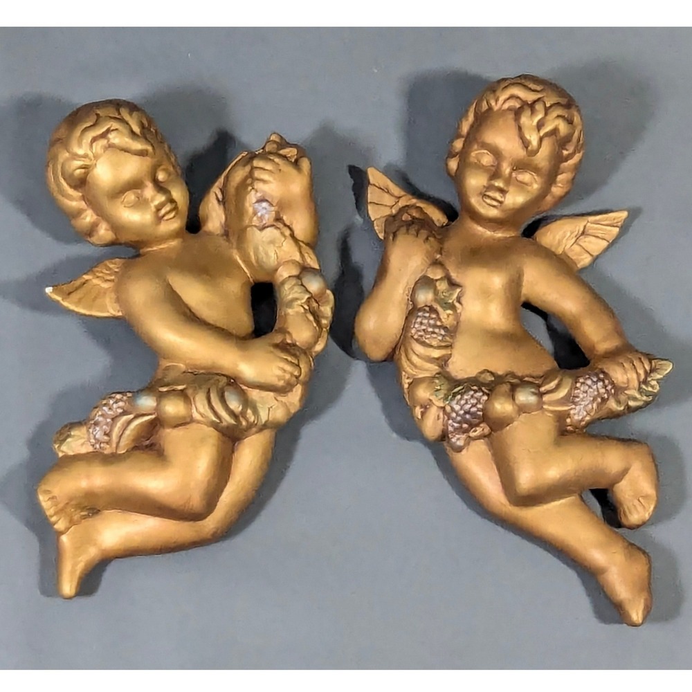 Vintage Gold Cherub Angel Wall Plaques Set of 2 Signed Sue Baroque Decor 7.5"